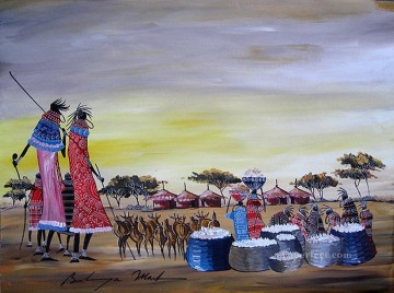 アフリカ人 Painting - バスケットとアフリカのヤギを持つマサイ族の女性